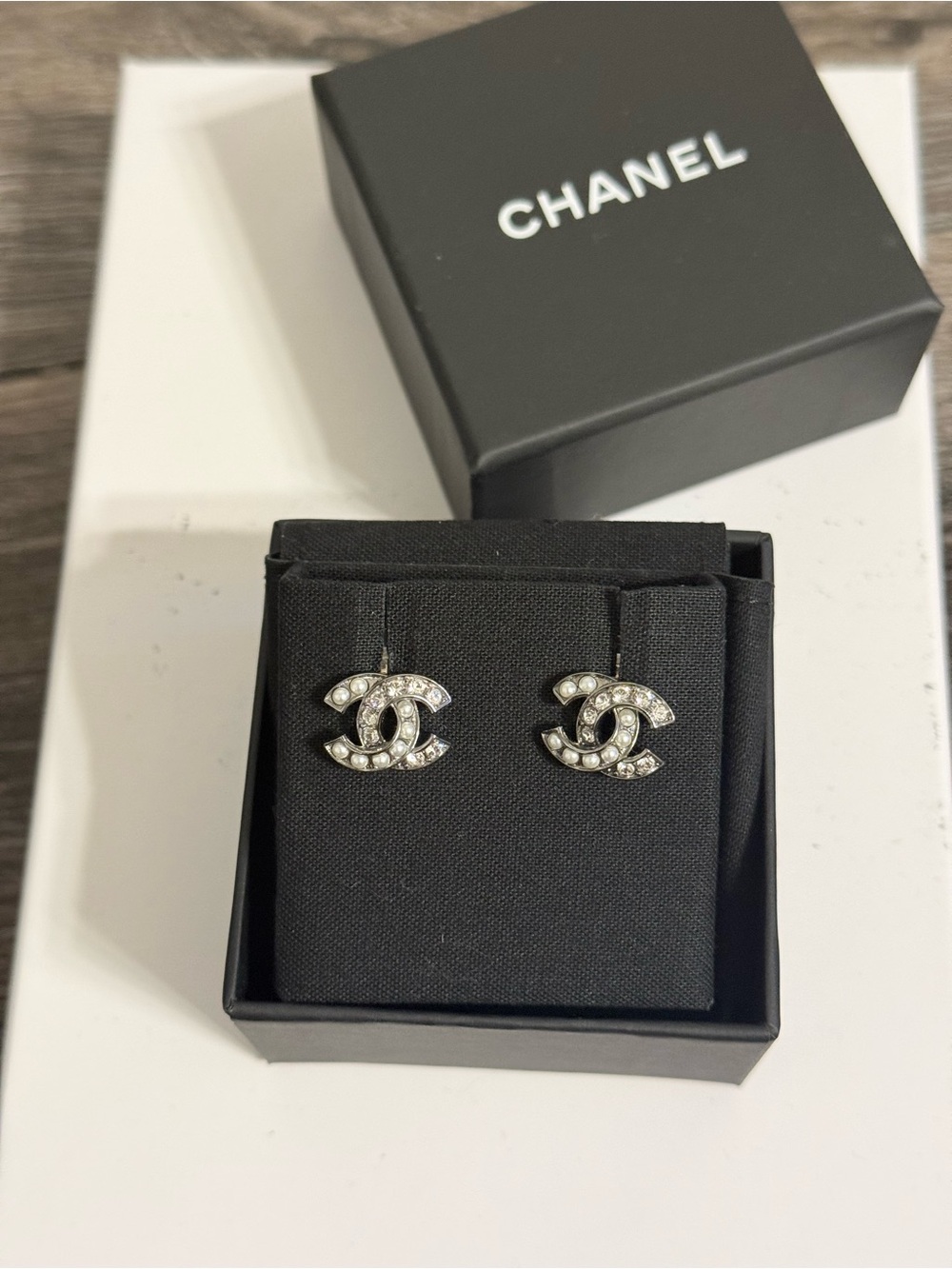 CHANEL Small Silver CC Crystal Faux Pearl Stud Earrings